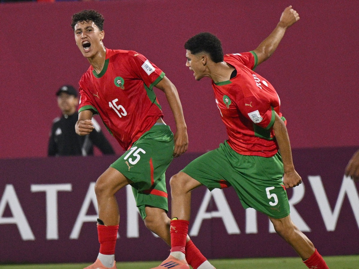 Morocco's Ilyas Hidaoui (left) celebrates with teammate Bilal Soukrat after scoring his team's sixth goal. Pic: X/@EnMaroc