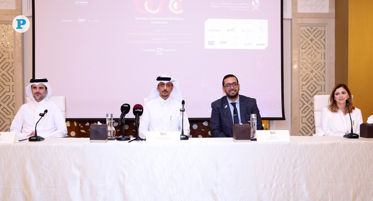 President of Business Continuity and Resilience Conference Eng. Abdullatif Ali Al-Yafei (second left) with other officials during the press conference, yesterday. Pic: Rajan Vadakkemuriyil / The Peninsula