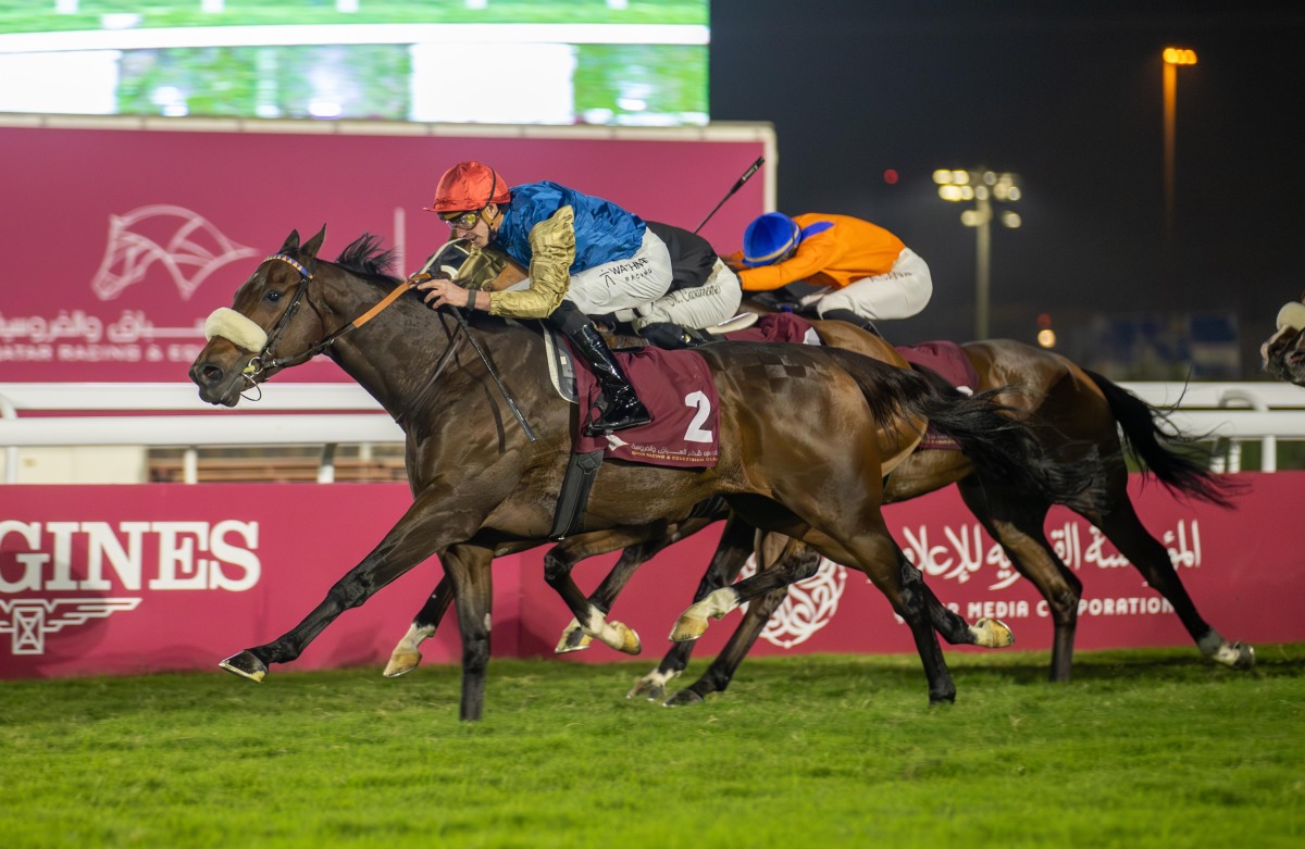 Jockey James Doyle guides Dark Trooper to victory in the Barzan Cup feature race at Al Rayyan Racecourse yesterday. PICS: Juhaim/QREC
