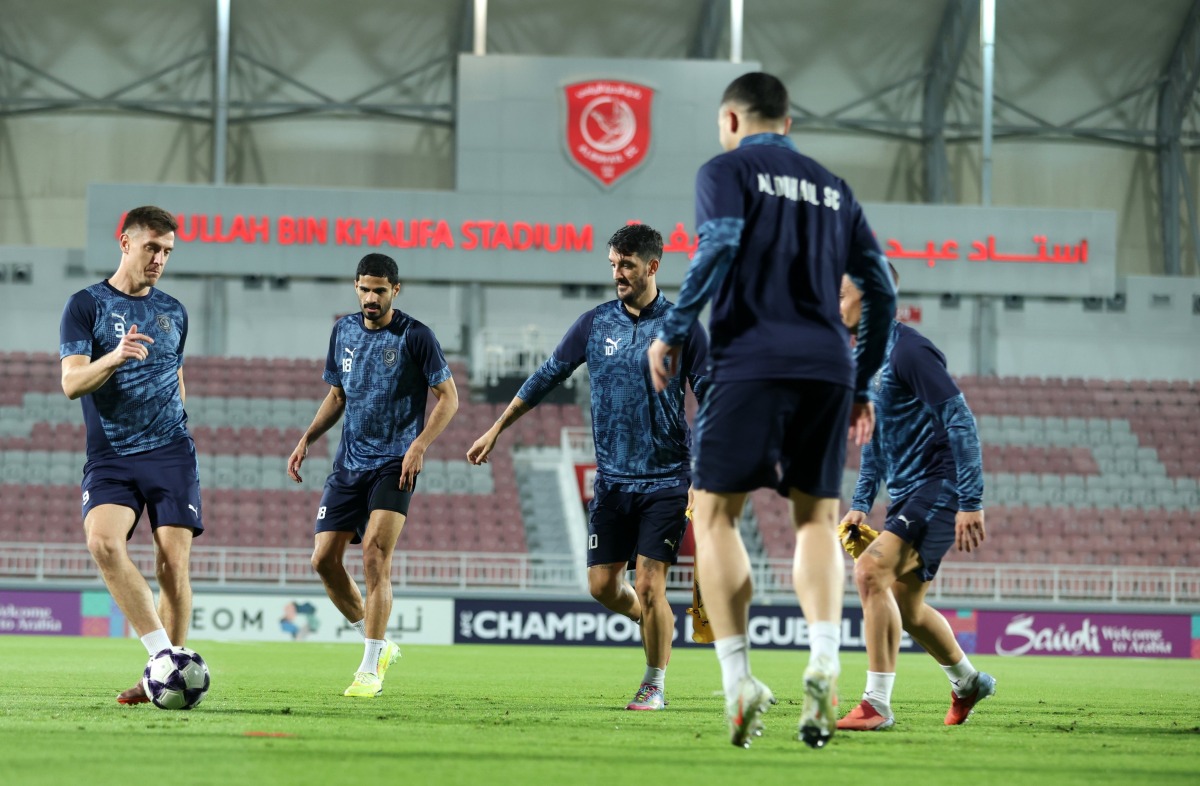 Al Duhail players attend a training session yesterday. 
