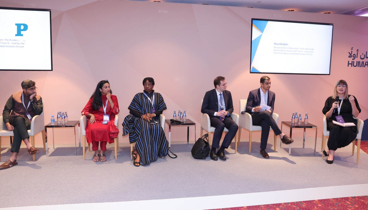From second right: Edtech and AI lead at Gates Foundation, Jawad Ashgar; Founder and President of Darsel, AbdulHamid Haidar; Founder of The Education Partnership Centre and fellow at the Brookings Institution’s Center for Universal Education, Modupe Olateju; Founder and CEO of the Madhi Foundation, Merlia Shaukath; and CEO and Co-founder of Taleemabad, Haroon Yasin during the panel discussion yesterday. Pic: Rajan Vadakkemuriyil/The Peninsula
