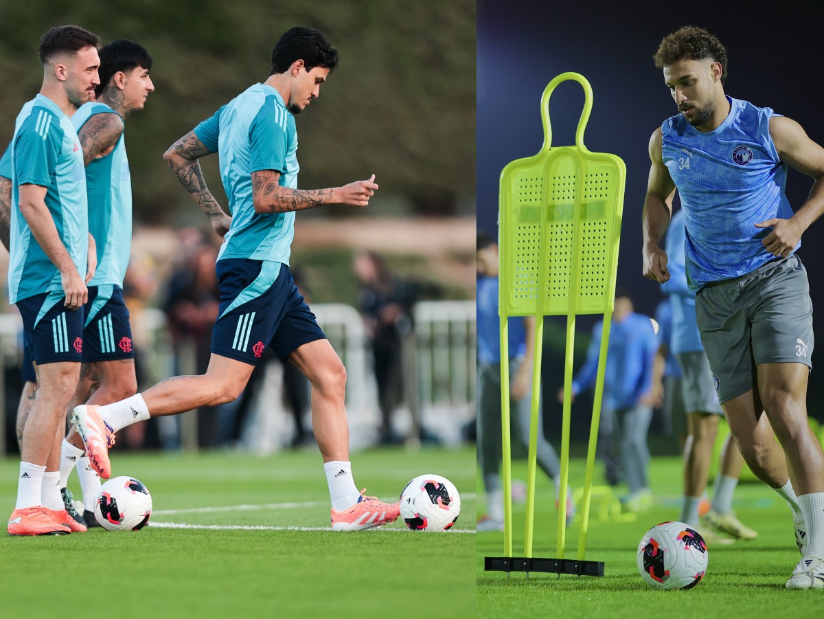 CR Flamengo players (left) take part in a training session in Doha and Pyramids FC's Abdo Gouda during a training session yesterday.
