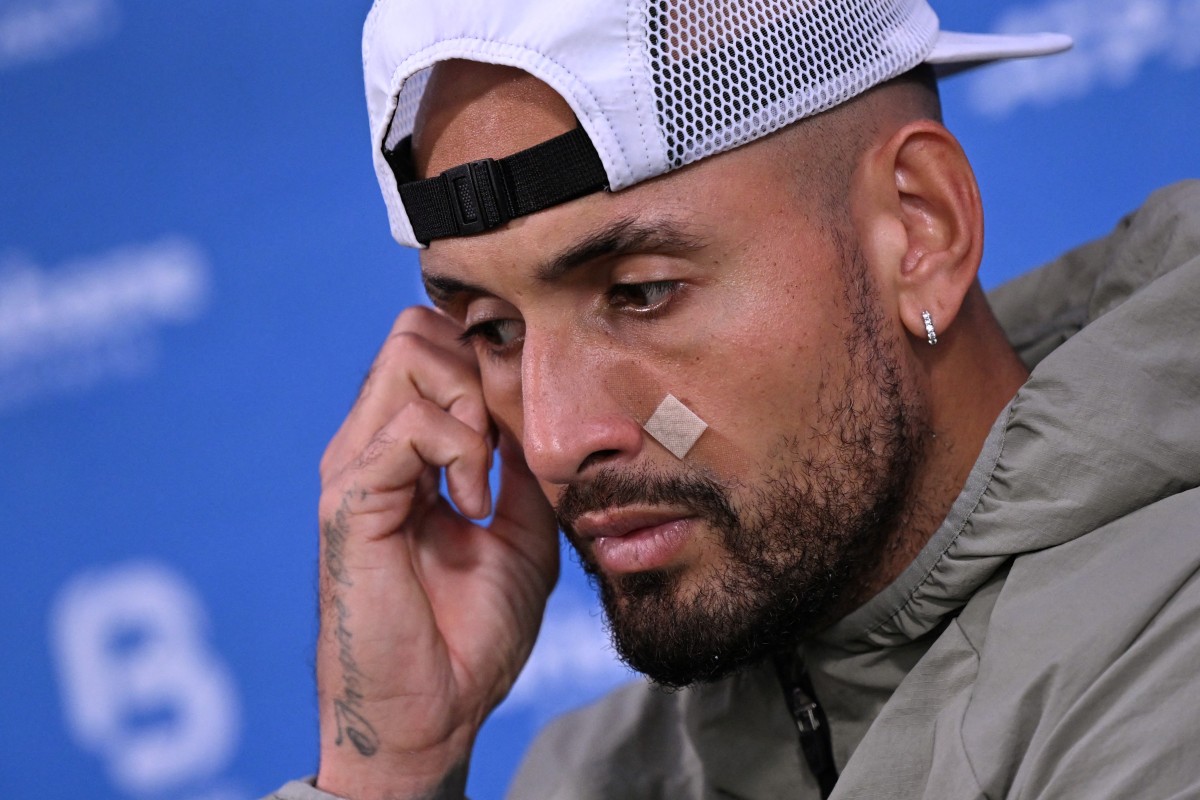 Nick Kyrgios speaks during a press conference after losing his men's singles match against Aleksandar Kovacevic at the Brisbane International tennis tournament on January 6, 2026. (Photo by William WEST / AFP)
