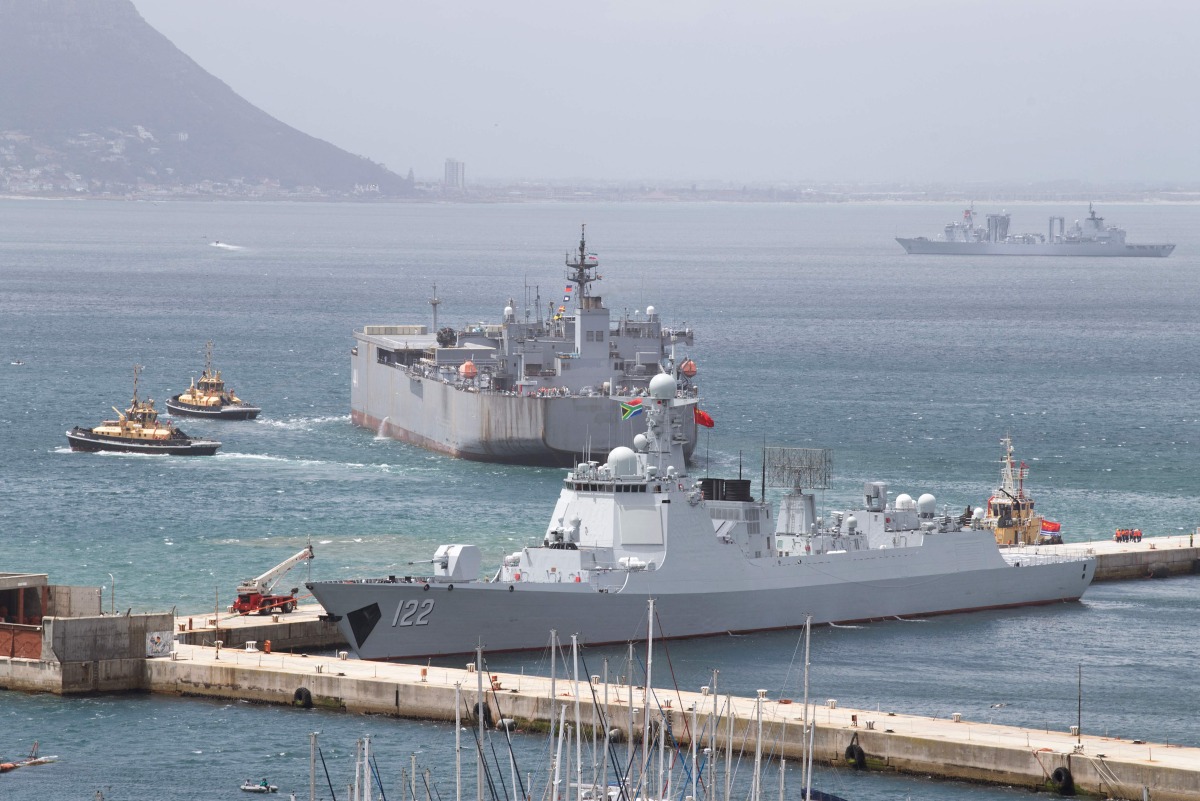 A general view of Chinese and Iranian navy ships docked at Simon's Town Harbour near Cape Town, on January 8, 2026 (Photo by RODGER BOSCH / AFP)