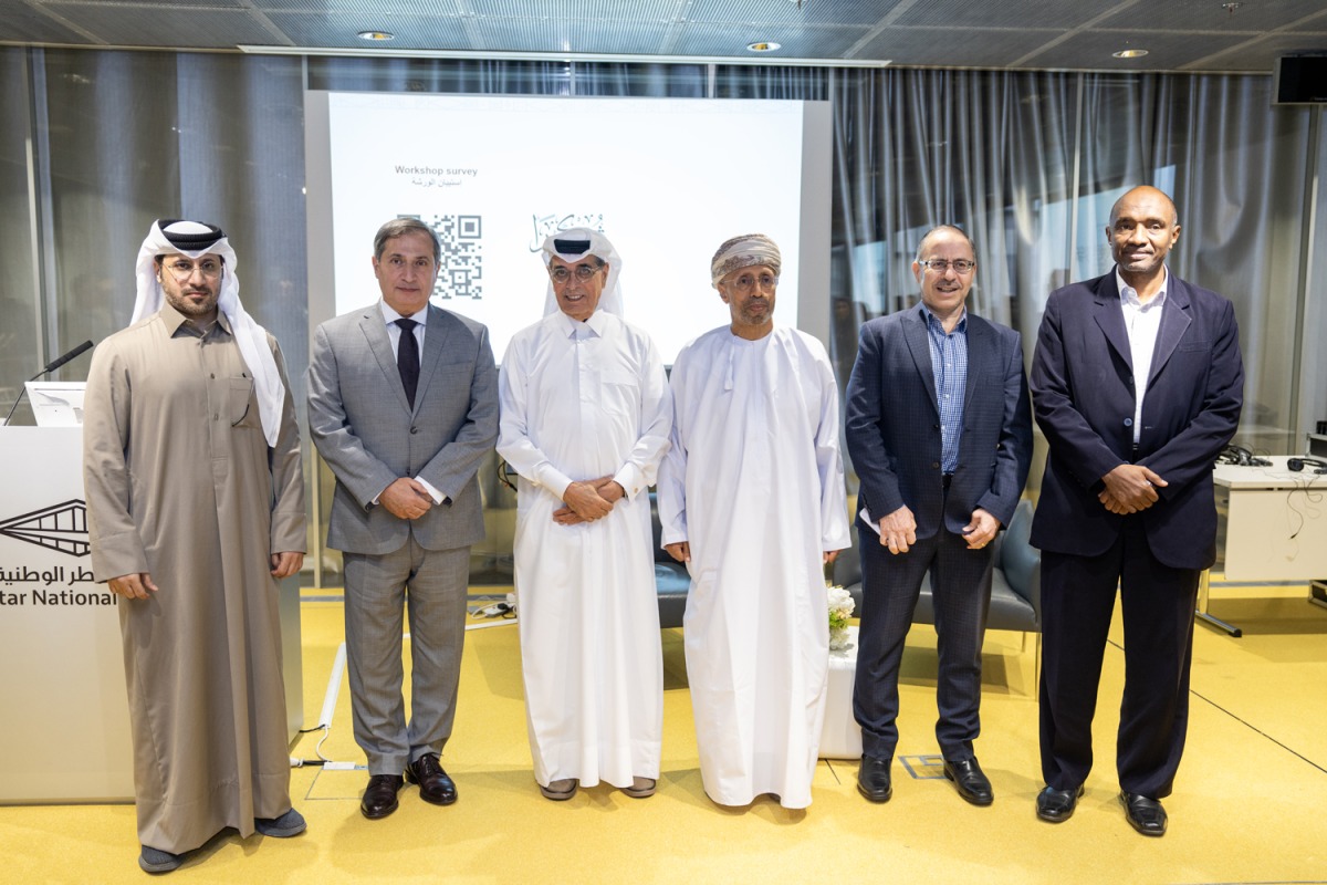 Minister of State and President of Qatar National Library H E Dr. Hamad bin Abdulaziz Al Kawari (third left); Chair of the State of Qatar for Islamic Area Studies at Waseda University in Tokyo, Professor Abdullah Baabood (fourth left); historian and lecturer at  Community College of Qatar Jassim Alshamari (first left) and other officials at the event. 
