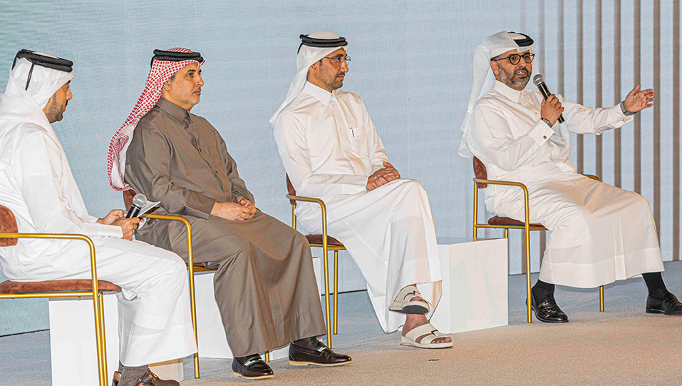 Minister of Environment and Climate Change H E Dr. Abdullah bin Abdulaziz bin Turki Al Subaie, Minister of Justice and Minister of State for Cabinet Affairs H E Ibrahim bin Ali Al Mohannadi and President of the Civil Service and Government Development Bureau and Secretary-General of the National Planning Council H E Dr. Abdulaziz bin Nasser bin Mubarak Al Khalifa and Director of the Studies and Strategic Planning Department at GCO Saud Ahmed Al Buainain during a discussion session at Third Government Communications Forum yesterday.