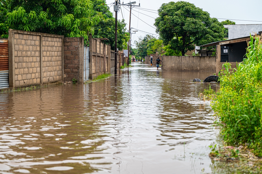 This photo shows a view of the flood-affected Machava area in Matola City, Maputo Province, Mozambique, Jan. 12, 2026. Mozambique is currently in the peak of its rainy season, a period marked by frequent alerts for heavy rains and strong winds, particularly in the central and southern regions. (Photo by Mendes Mondlane/Xinhua)