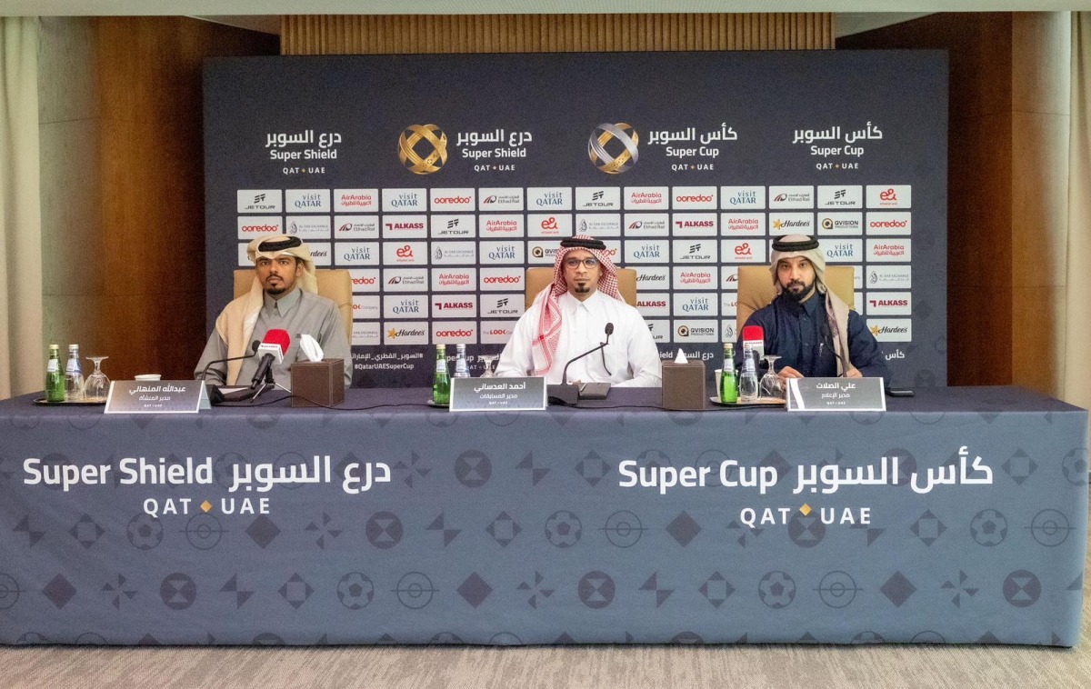 Director of Competitions Ahmed Al Adsani (centre), Facility Manager Abdullah Al Minhali (left) and Media Manager Ali Hassan Al Salat during the press conference yesterday.  
