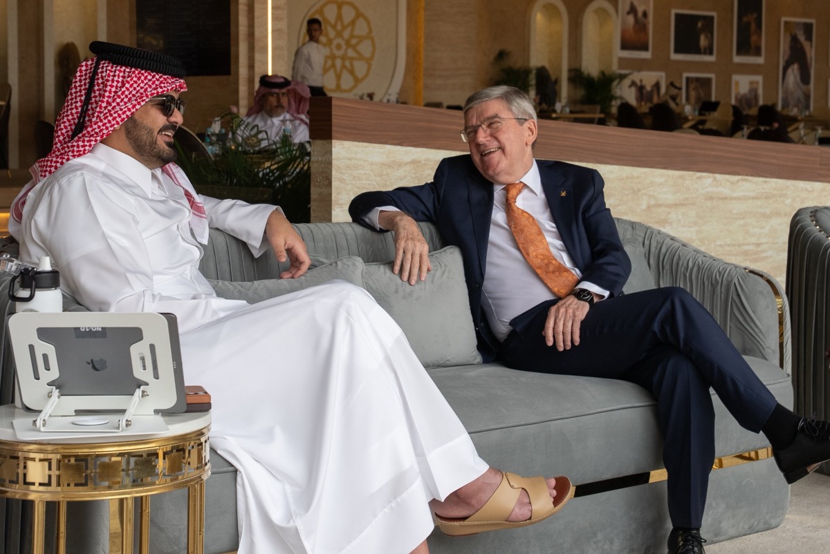 Qatar Olympic Committee President and President of the Organising Committee of the Doha Equestrian Tour, H E Sheikh Joaan bin Hamad Al Thani, and International Olympic Committee Honorary President Dr Thomas Bach attend the third and final day of H H The Father Amir’s Prix Tour 3 at Al Shaqab yesterday.