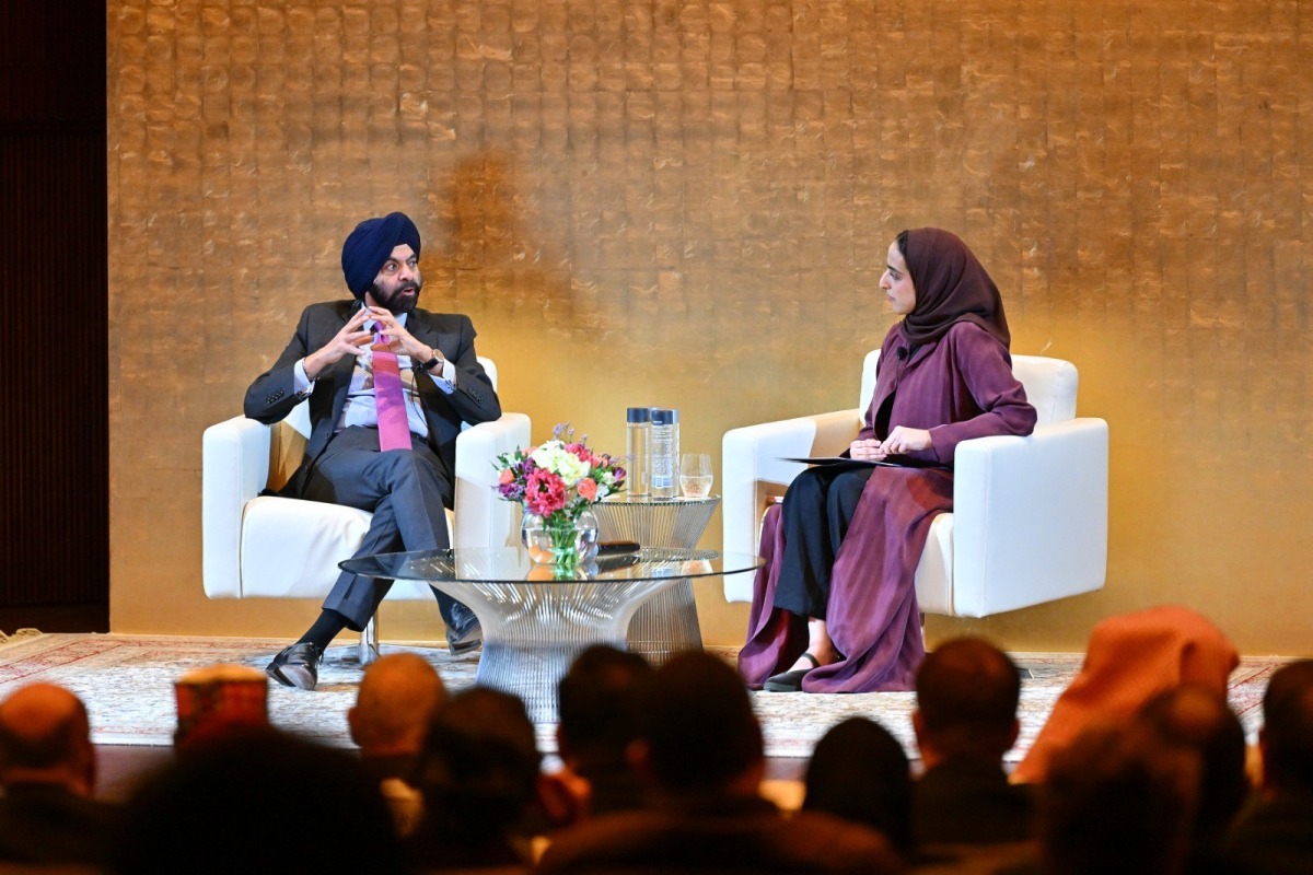 QatarDebate Ambassador and a student at Georgetown University in Qatar Moza Al-Hajri in conversation with President of the World Bank Group Ajay Banga.