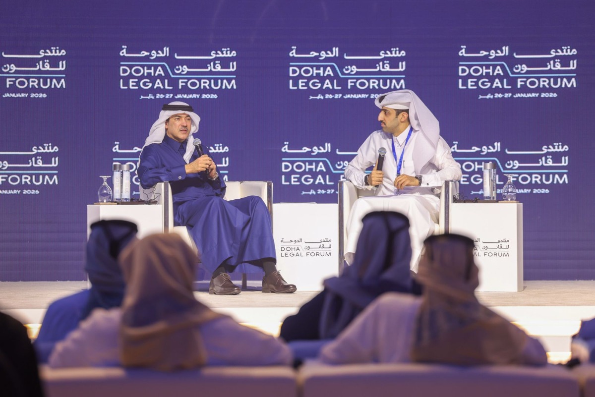 Minister of State for Foreign Trade H E Dr. Ahmed bin Mohammed Al Sayed speaking during the Doha Legal Forum.