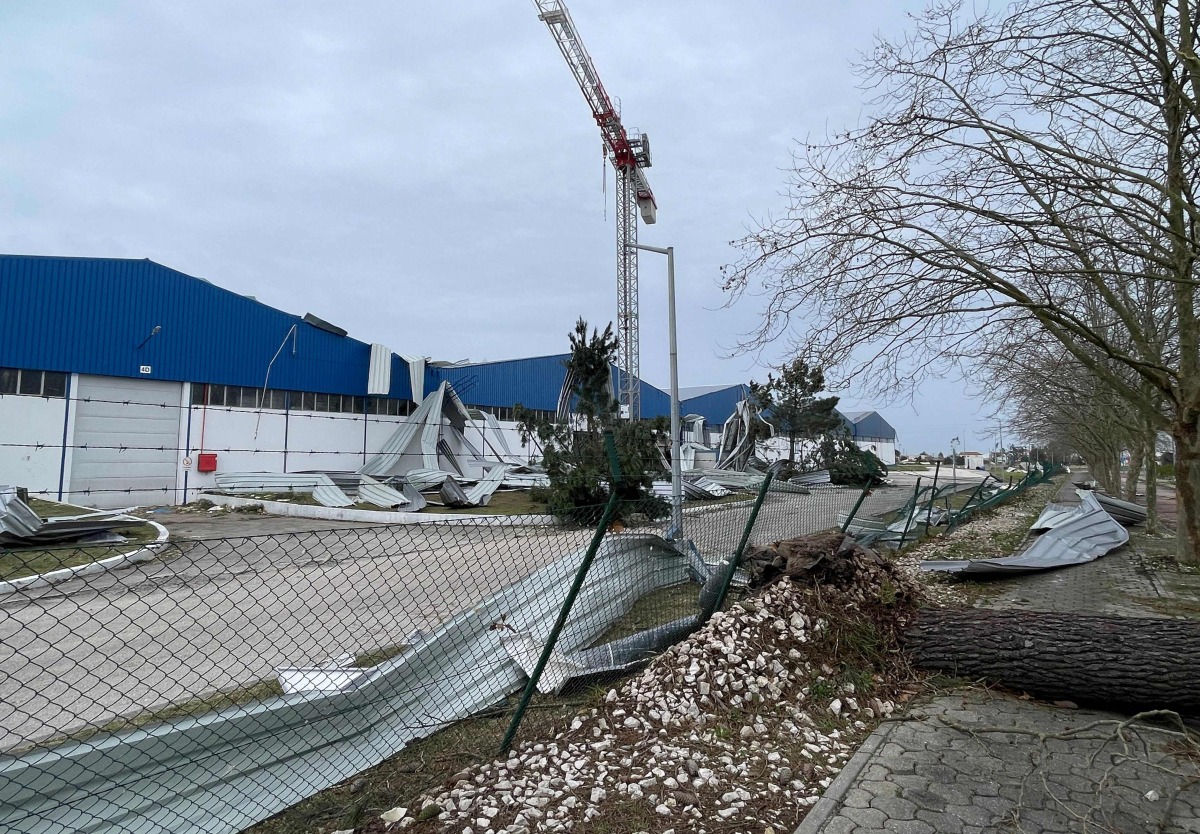 A picture taken on January 28, 2026 shows debris ripped off from a factory building in Marinha Grande, after storm Kristin hit Portugal. Photo by Jérome PIN / AFP