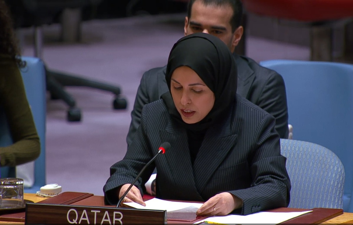 Permanent Representative of the State of Qatar to the United Nations H E Sheikha Alya Ahmed bin Saif Al-Thani speaking during the Security Council’s quarterly debate on the situation in the Middle East at the UN headquarters in New York.