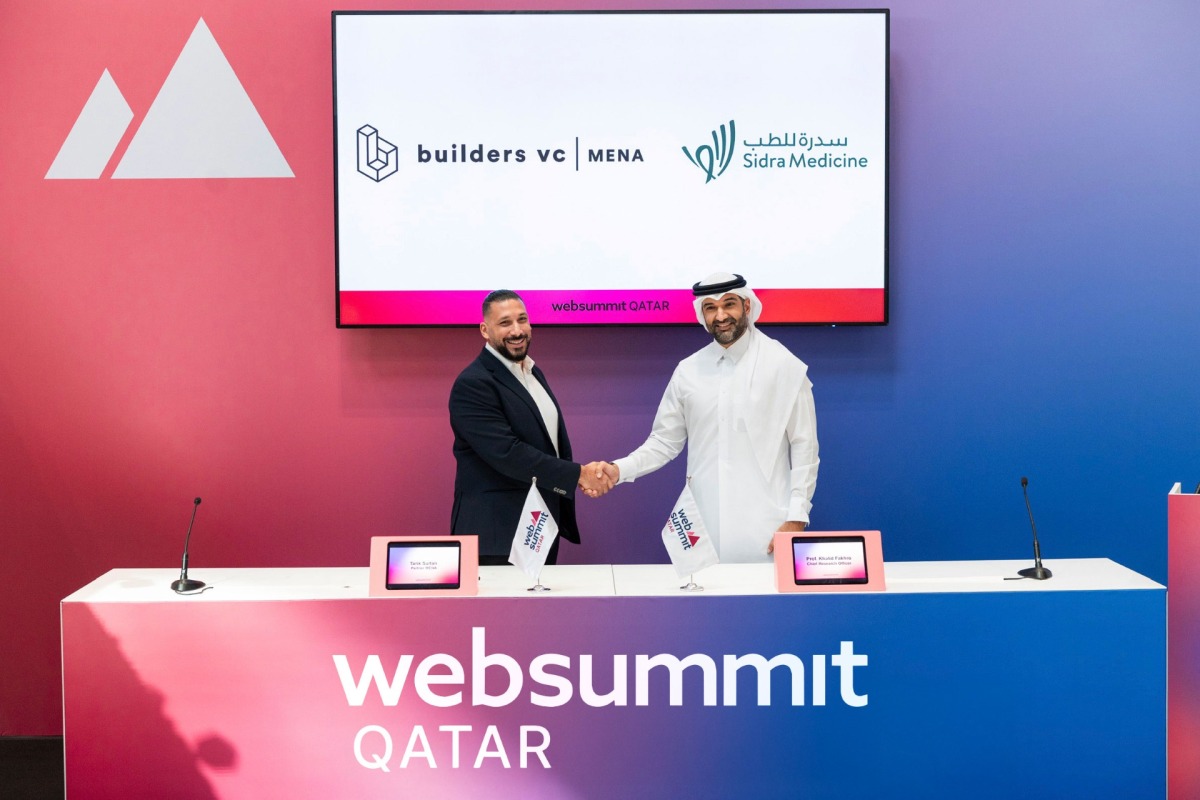 Chief Research Officer at Sidra Medicine Prof. Khalid Fakhro (right) and Partner and Head of Builders VC MENA Tarik Sultan during the MoU signing event at Web Summit Qatar 2026. 