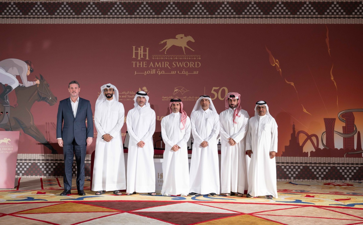 QREC’s Acting Chief Executive Officer Bader bin Mohammed Al Darwish, Deputy Chief Executive Officer Ahmed Al Sheebani and Racing Manager Abdulla Al Kubaisi along with other officials pose for a group photo. PIC: Juhaim/QREC 