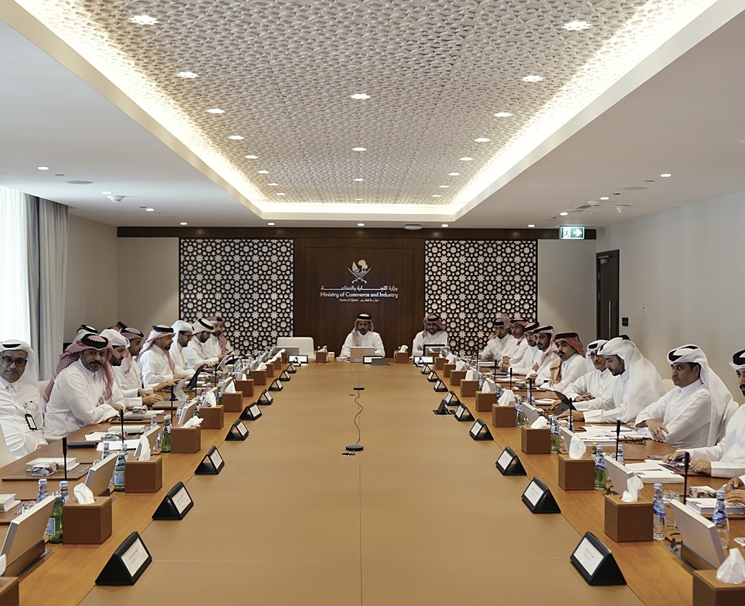 Minister of Commerce and Industry, H E Sheikh Faisal bin Thani bin Faisal Al Thani with other officials during the meeting, yesterday.