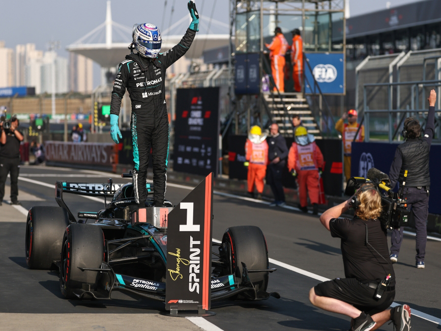 Mercedes' George Russell of Britain celebrates after the Sprint Qualifying of Formula One Chinese Grand Prix at Shanghai International Circuit in Shanghai, China (Photo by Qian Jun/Xinhua) 
