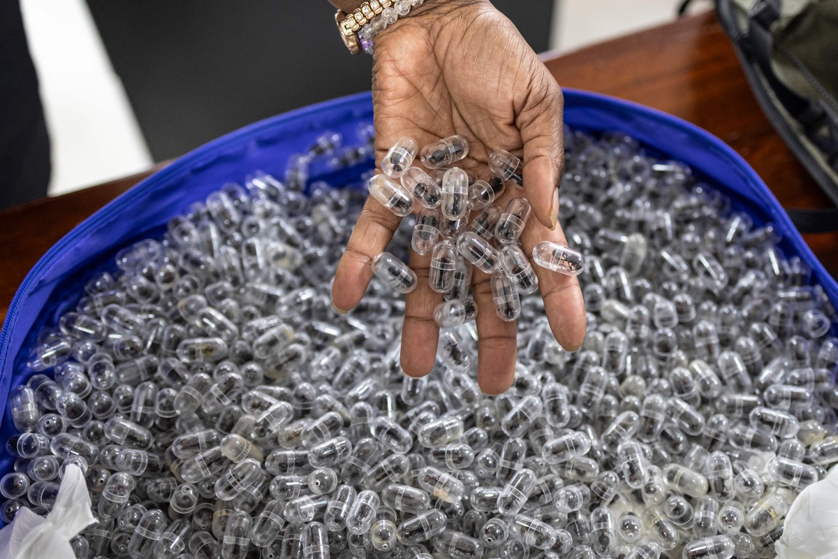 A Kenya Wildlife Services (KWS) warden displays some of the syringe cartridges modified to carry live ants at the Jomo Kenyatta International Airport law courts in Nairobi on March 17, 2026. Photo by Tony KARUMBA / AFP
