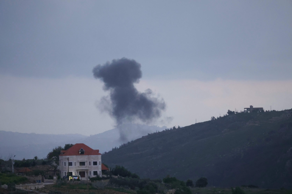 This picture taken from the southern Lebanese area of Marjeyoun on March 29, 2026 shows smoke as it rises from the site of an Israeli airstrike that targeted the outskirts of the village of Yohmor. (Photo by AFP)