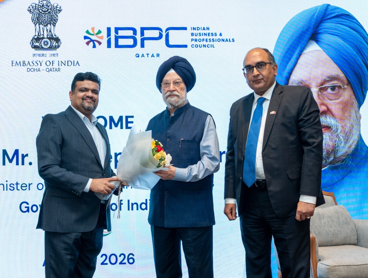 India's Minister of Petroleum and Natural Gas, H E Hardeep Singh Puri with the Ambassador of India to Qatar, H E Vipul and the President of IBPC Qatar,  Thaha Muhammed Abdul Kareem during the event.