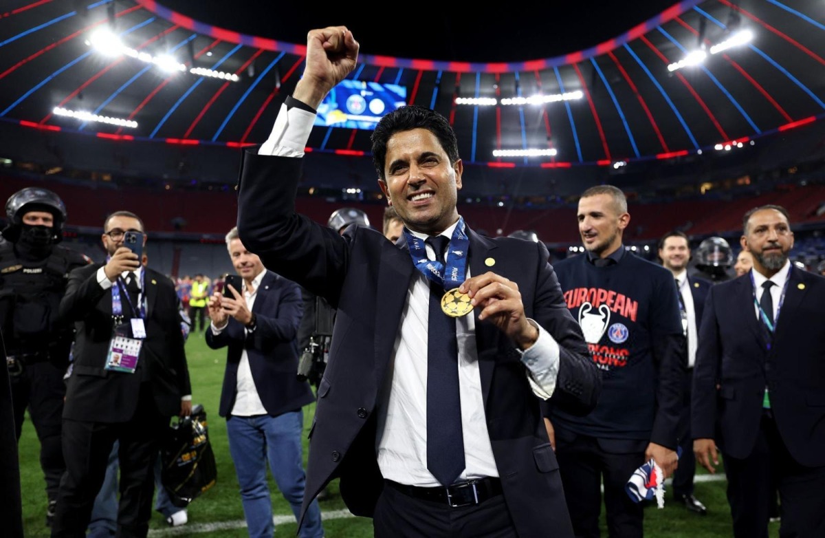 Paris Saint Germain's Qatari president Nasser al-Khelaifi reacts following the UEFA Champions League quarter final, second-leg football match between Liverpool and Paris Saint-Germain at Anfield in Liverpool, north west England on April 14, 2026. (Photo by FRANCK FIFE / AFP)