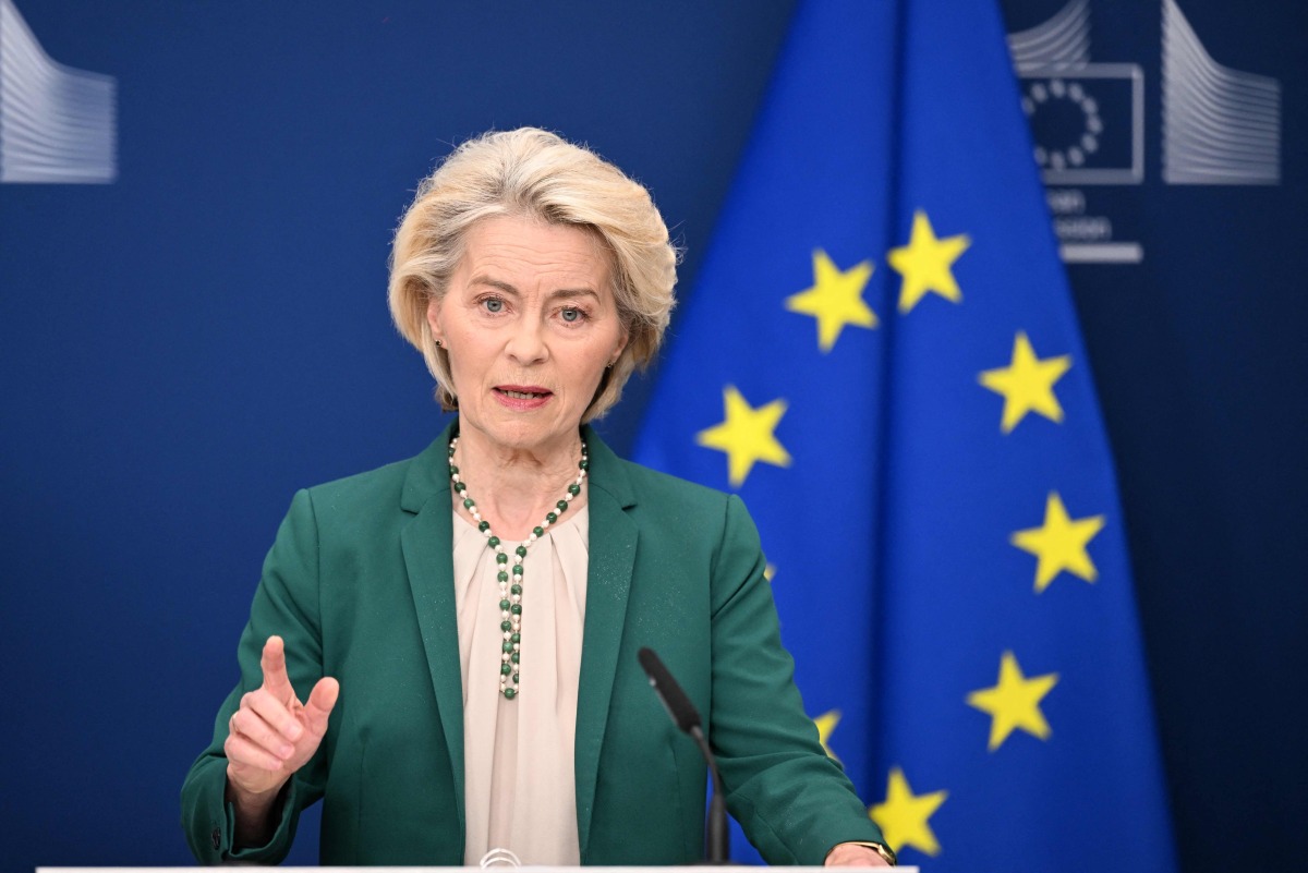 European Commission President Ursula von der Leyen addresses a statement about the EU digital age verification app in Brussels on April 15, 2026. (Photo by Nicolas TUCAT / AFP)