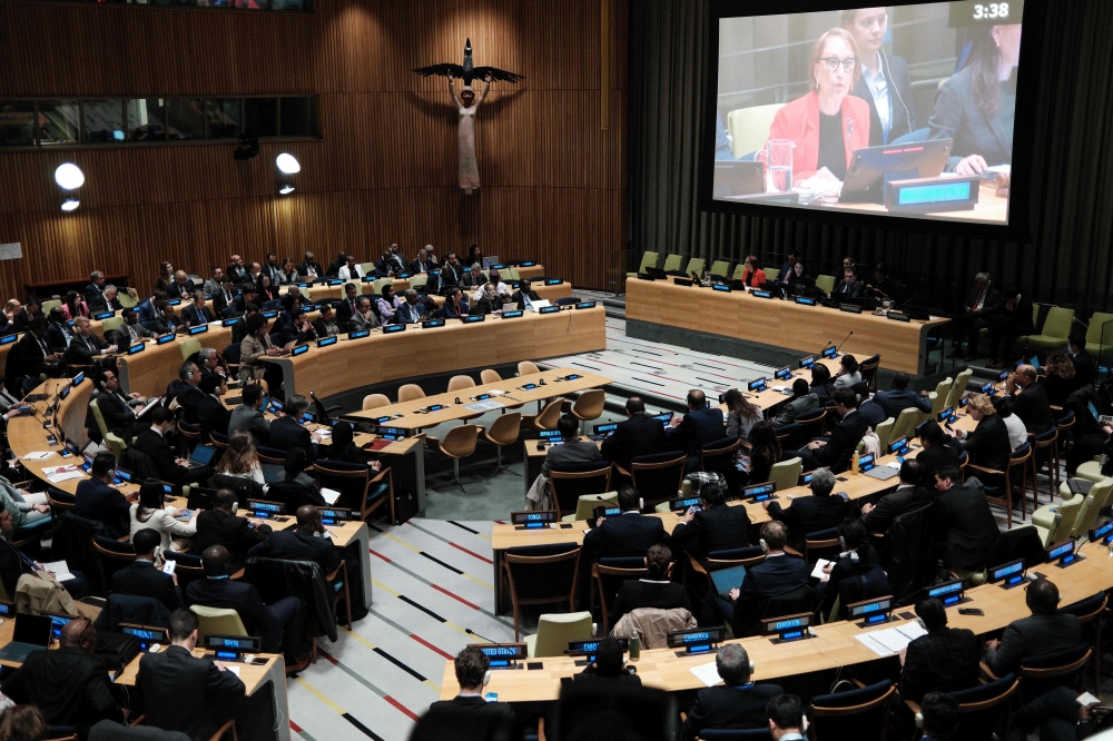 Costa Rican economist and former Second Vice President Rebeca Grynspan speak during a hearing to be considered as the next Secretary-General of the United Nations at the UN Headquarters in New York, on April 22, 2026. Grynspan is among four candidates vying for the position currently held by Portugal's Antonio Guterres. (Photo by CHARLY TRIBALLEAU / AFP)