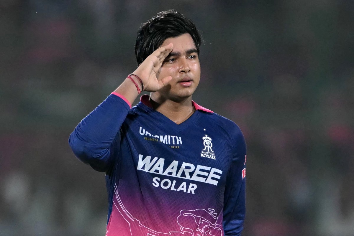 Rajasthan Royals' Indian cricket player Vaibhav Sooryavanshi celebrates after scoring a century at the Sawai Mansingh Stadium in Jaipur on April 25, 2026. (Photo by Indranil Mukherjee / AFP) 