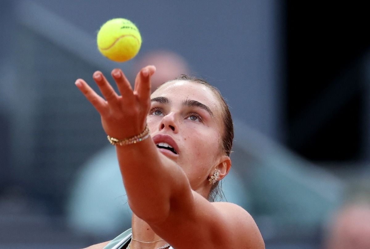 Belarus' Aryna Sabalenka serves to Romania痴 Jacqueline Cristian during their 2026 WTA Tour Madrid Open tennis tournament third round singles match at the Caja Magica in Madrid, on April 25, 2026. (Photo by Thomas COEX / AFP)