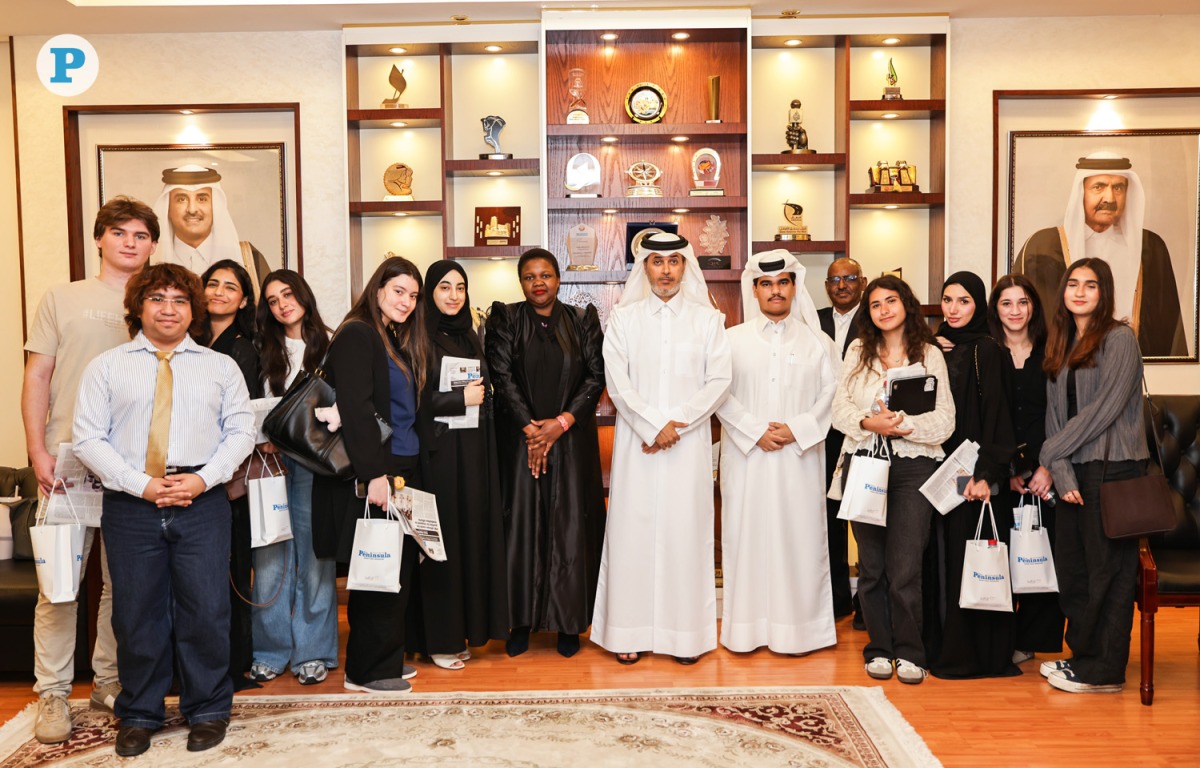 Editor-in-Chief of The Peninsula Prof. Khalid Mubarak Al-Shafi, Associate Professor at UDST Dr. Carolyne Lunga and students of UDST during their visit to the The Peninsula headquarters yesterday. Pics: Salim Matramkot/The Peninsula