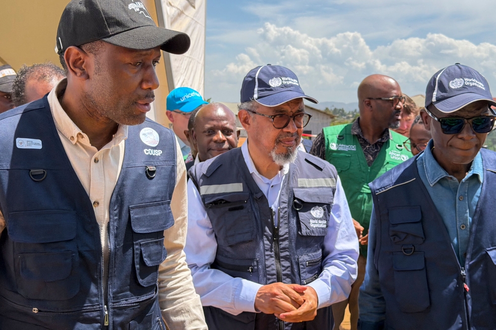 World Health Organization (WHO) Director-General Tedros Adhanom Ghebreyesus arrives in Bunia, in the eastern Democratic Republic of the Congo, on May 30, 2026. (Photo by Glody Murhabazi / AFP)
 