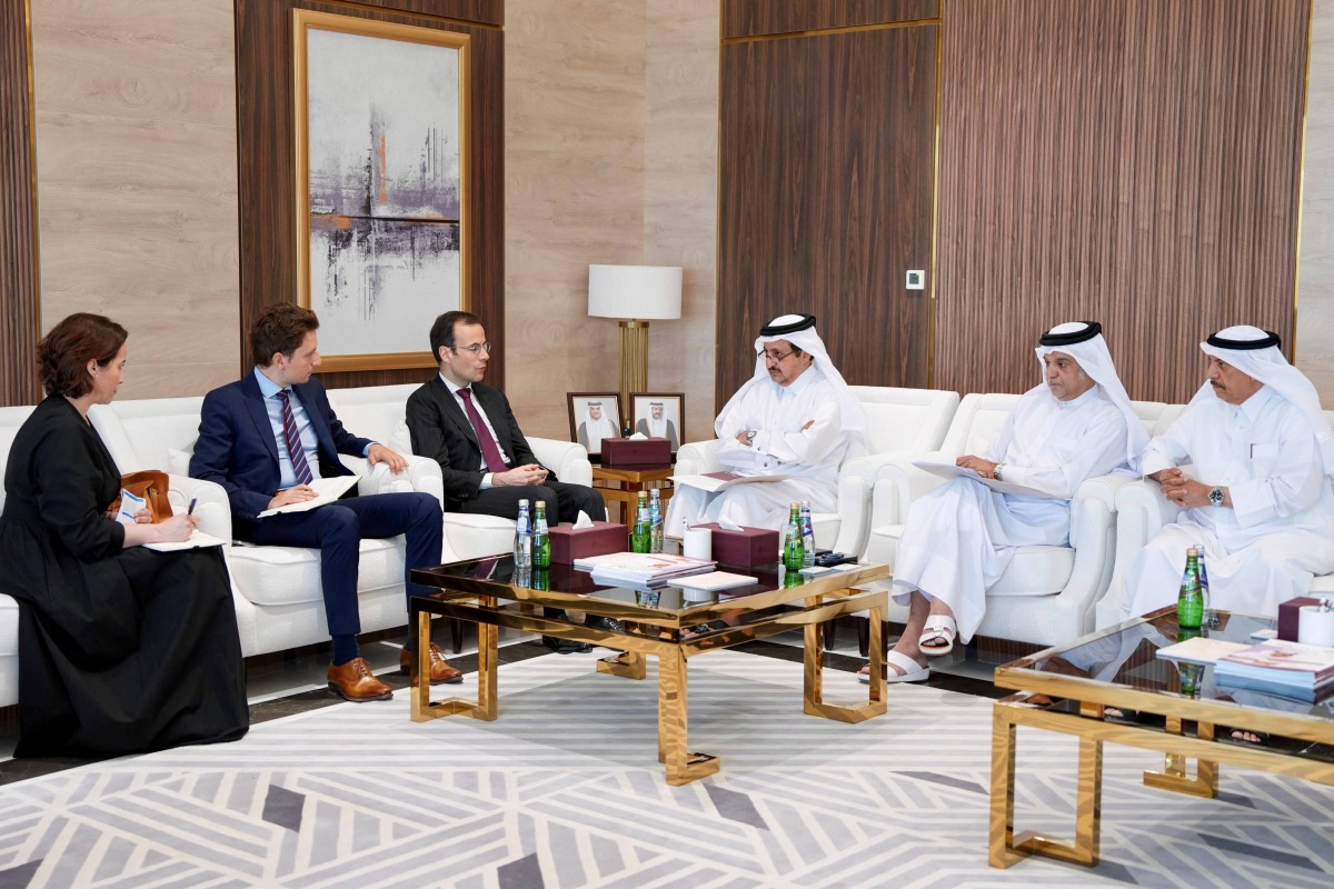 QC Chairman Sheikh Khalifa bin Jassim bin Mohammed Al Thani with the Ambassador of France to Qatar, H E Arnaud Pescheux, and other officials during the meeting. 