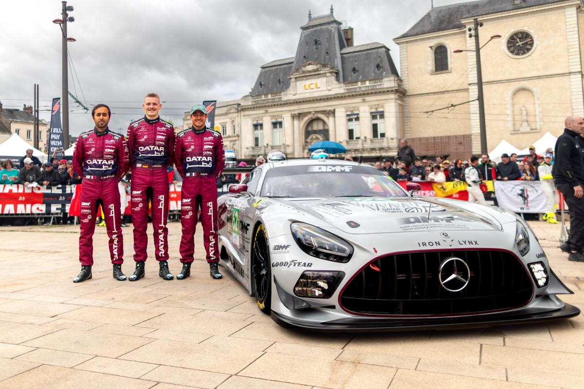 Team Qatar by Iron Lynx drivers Qatar’s Abdulla Al-Khelaifi (left), Julian Hanses (centre) and Giuliano Alesi pose ahead of their historic debut in the LMGT3 class at the 24 Hours of Le Mans.