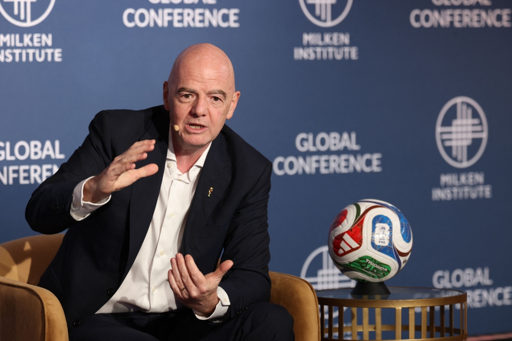 (Files) FIFA President Gianni Infantino speaks during the 29th annual Milken Institute Global Conference at the Beverly Hilton in Beverly Hills, California on May 5, 2026. (Photo by Patrick T. Fallon / AFP)