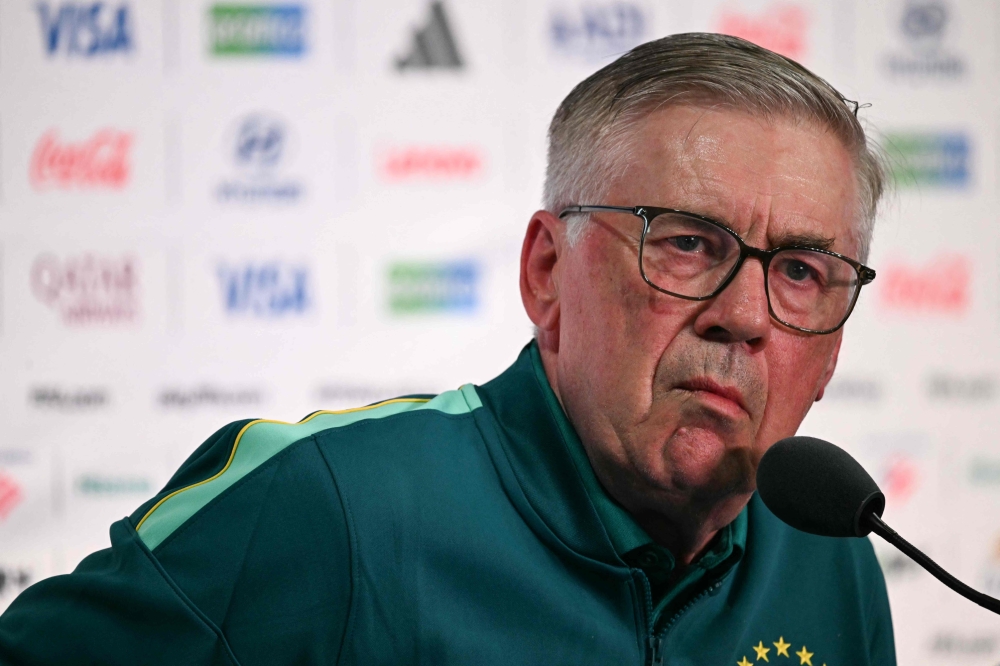 Brazil's Italian head coach Carlo Ancelotti gestures during a press conference at the New York/New Jersey Stadium in East Rutherford on June 12, 2026. (Photo by Mauro Pimentel / AFP)
