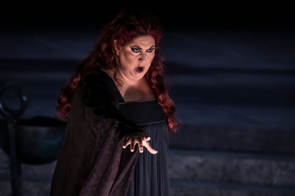Italian soprano Anna Pirozzi performs in the opera 'Medea' at the Ancient Greek theatre of former city Epidaurus, in Nea Epidavros on June 18, 2026. (Photo by Aris Messinis / AFP)