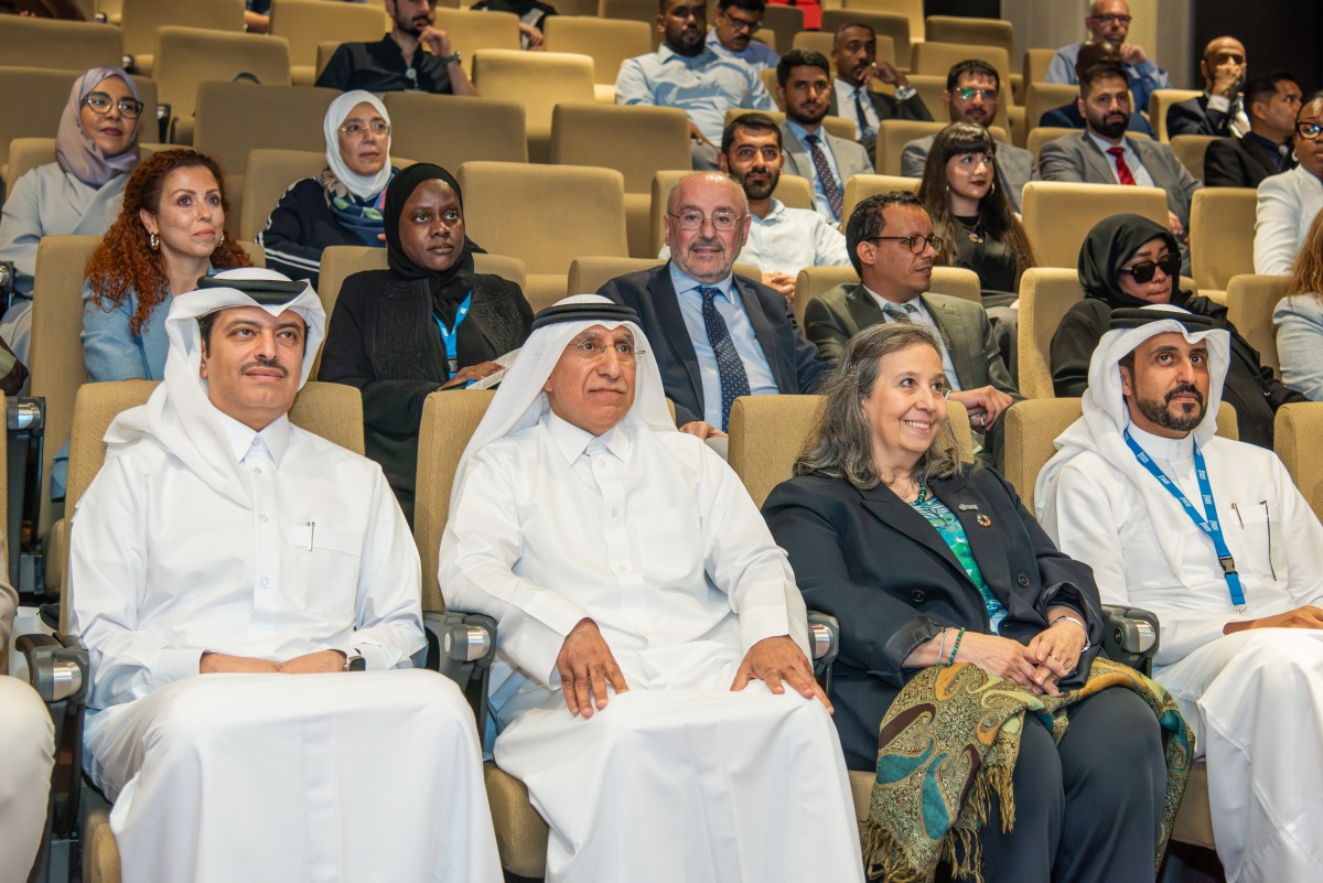 UDST President, Dr. Salem Al-Naemi, Director of the Non-Communicable Disease Prevention Programmes Department at the Ministry of Public Health, Sheikh Dr. Mohammed bin Hamad Al Thani, and WHO Country Director, Dr. Rayana Ahmad BouHaka with other officials attending the launch of EMHA programme yesterday.