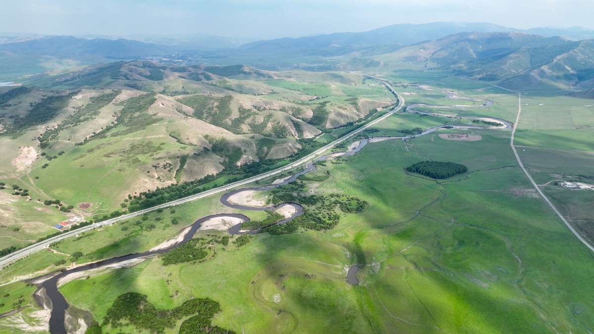 An aerial drone photo taken on June 28, 2026 shows a view of the Wulanmaodu pasture in Horqin Right Wing Front Banner, Hinggan League, north China's Inner Mongolia Autonomous Region. (Xinhua/Bei He)