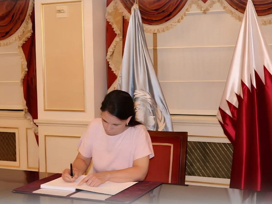 President of the 80th session of the United Nations General Assembly Annalena Baerbock signs condolence book.  