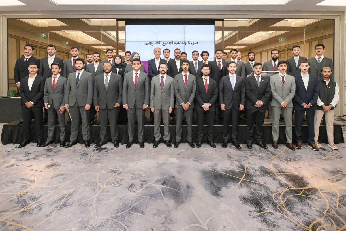 Ambassador of Qatar to the United Kingdom H E Sheikh Abdullah bin Mohammed bin Saud Al Thani and other officials with Qatari graduates during the honouring ceremony.