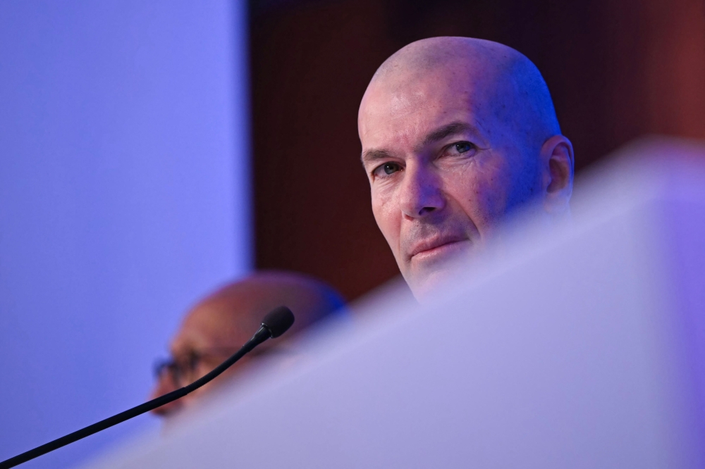 Former French international football player Zinedine Zidane speaks during a press conference to present him as the new head coach of France national football team on July 28, 2026. (Photo by Lou Benoist / AFP)