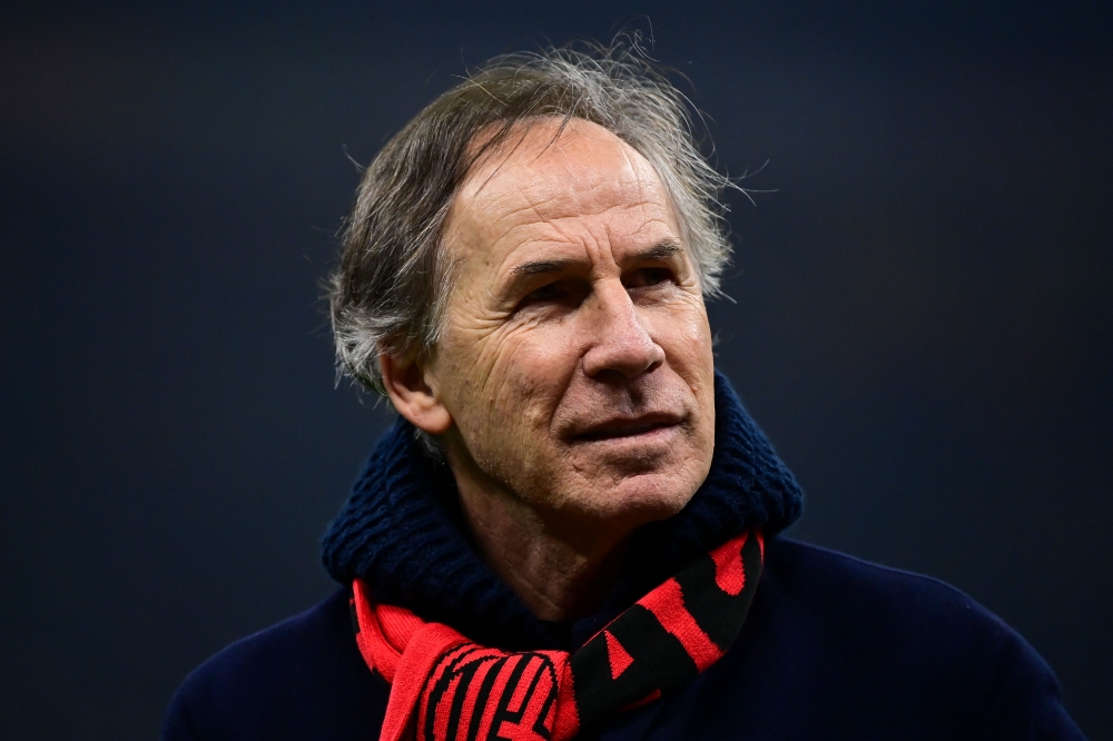 (Files) AC Milan's Honorary Vice President and former Italian player Franco Baresi looks on during the Italian Serie A football match between AC Milan and Genoa at the San Siro Stadium in Milan, on December 15, 2024. (Photo by Piero Cruciatti / AFP)
