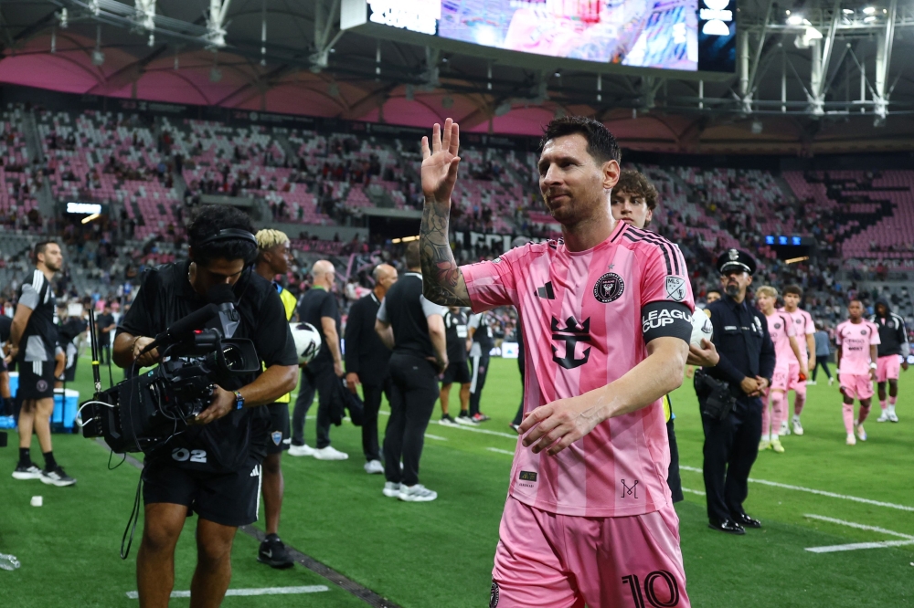 Lionel Messi #10 of Inter Miami CF celebrates scoring his team's third goal during the Leagues Cup Phase One match between Inter Miami CF and Atletico San Luis at Nu Stadium on August 05, 2026 in Miami, Florida.  (Photo by Megan Briggs /Getty Images via AFP)