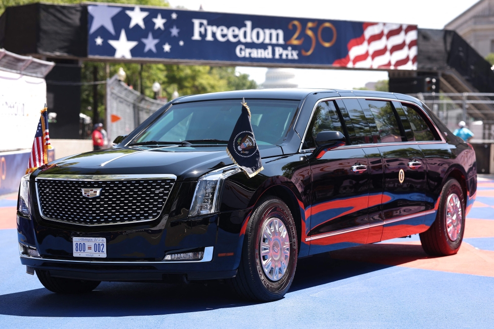 The Presidential limousine is seen near turn 2 prior to the NTT INDYCAR Freedom 250 in Washington, DC. (Photo by Chris Graythen AFP)