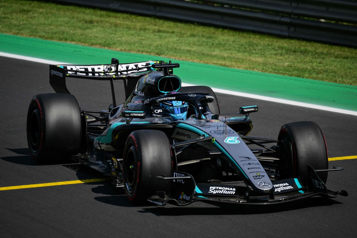 Mercedes' British driver George Russell drives during the third practice session of the Italian Formula One Grand Prix at the Autodromo Nazionale Monza circuit in Monza, northern Italy on September 5, 2026. (Photo by Andrej ISAKOVIC / AFP)