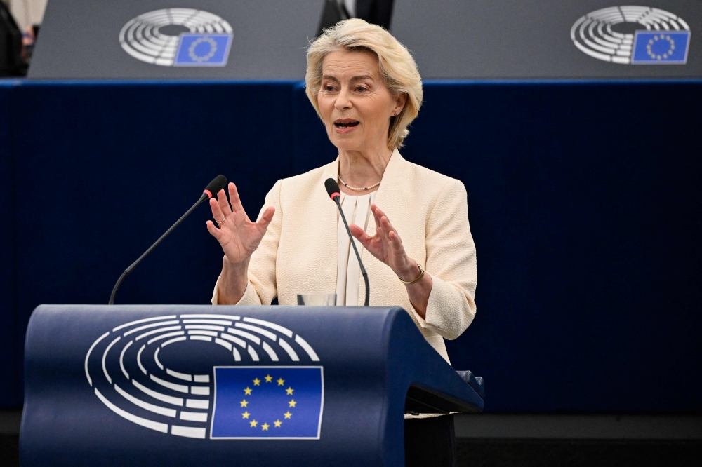European Commission President Ursula von der Leyen gestures as she delivers a speech during her annual State of the Union address at a plenary session of the European Parliament in Strasbourg, eastern France on September 16, 2026. (Photo by Jean-Christophe VERHAEGEN / AFP)
