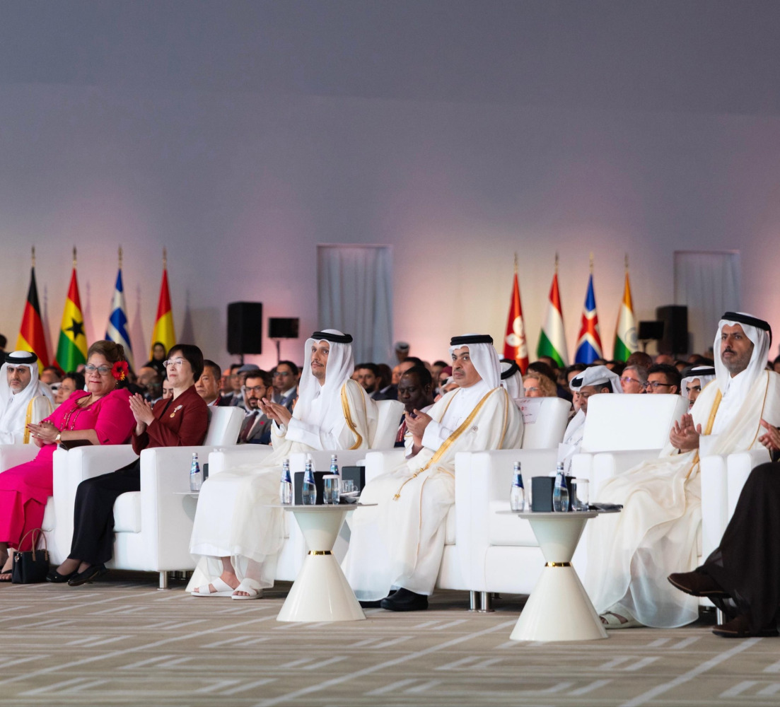 Prime Minister and Minister of Foreign Affairs H E Sheikh Mohammed bin Abdulrahman bin Jassim Al-Thani, Minister of Finance H E Ali bin Ahmed Al Kuwari, President of AIIB Zou Jiayi with Their Excellencies the Governors and senior officials during the 11th AIIB annual meeting in Doha yesterday.