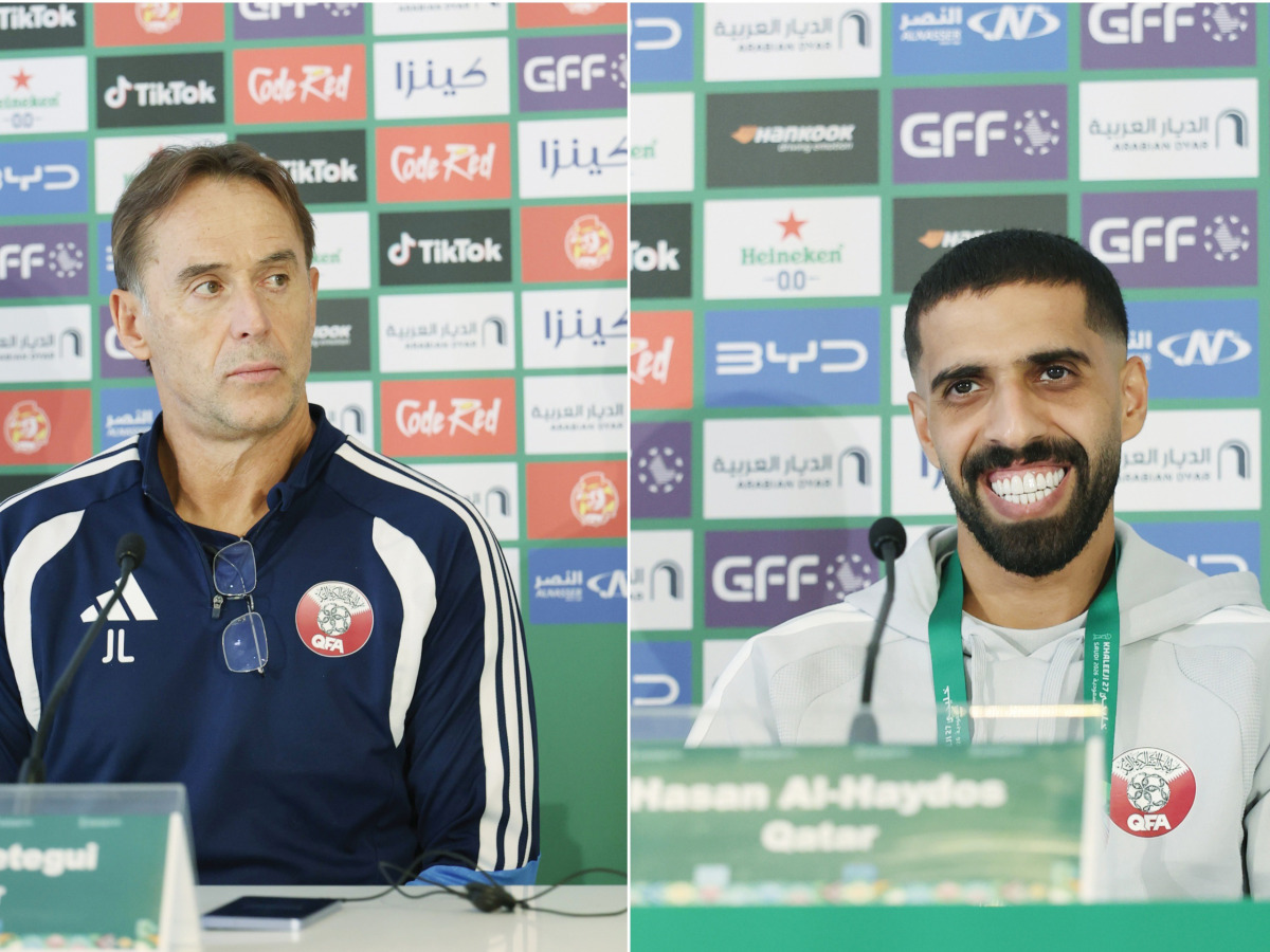 Qatar coach Julen Lopetegui and captain Hassan Al Haydos (right) during a press conference yesterday.  