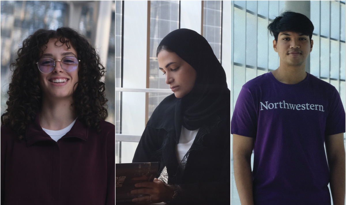 From left: Class of 2030 students at NU-Q Tamara Shahab, Rose Albanai and Maruf Tanvir