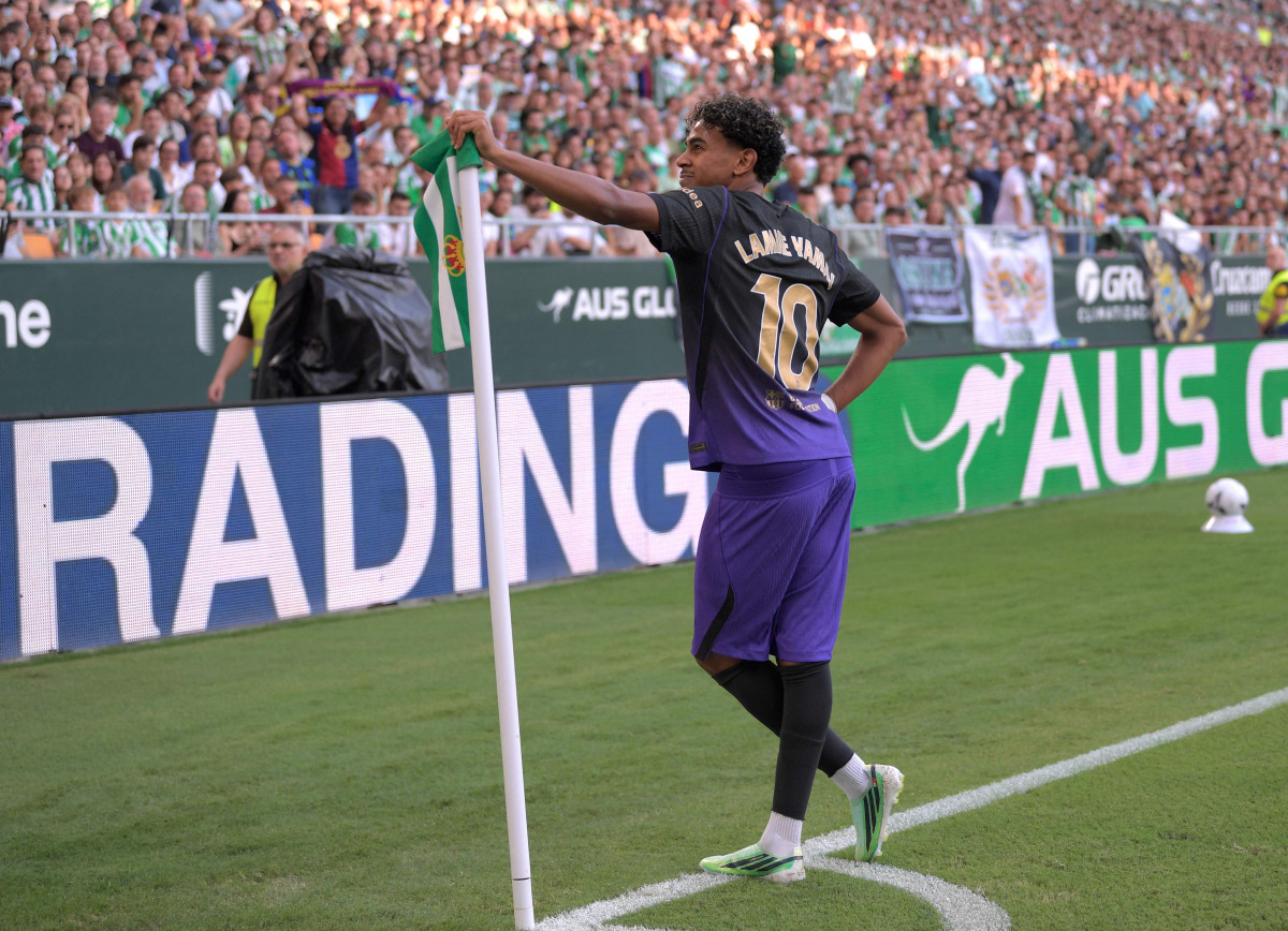 Barcelona’s Lamine Yamal celebrates after scoring his team’s first goal. 